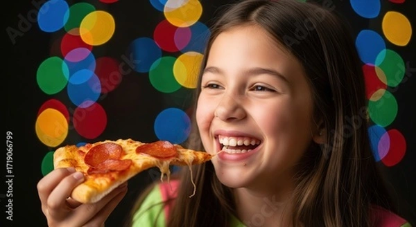 Fototapeta Joyful Girl Enjoying Pizza Slice Against Colorful Blurred Background