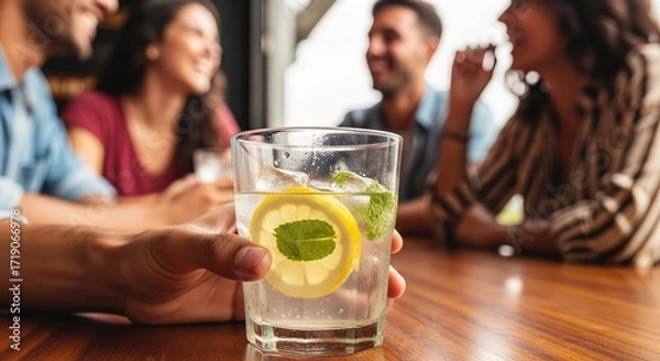 Fototapeta Refreshing Cocktail with Lemon and Mint at a Social Gathering