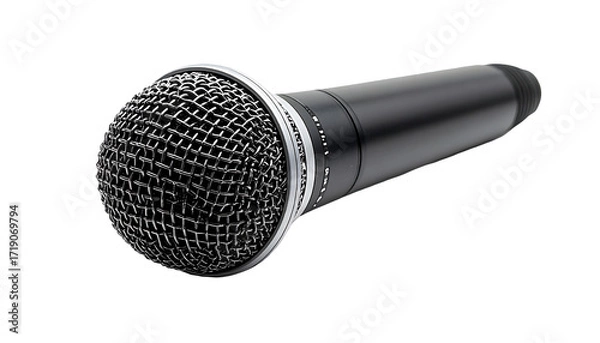 Obraz Sleek black dynamic microphone, angled slightly, featuring a metallic mesh grille and cylindrical body