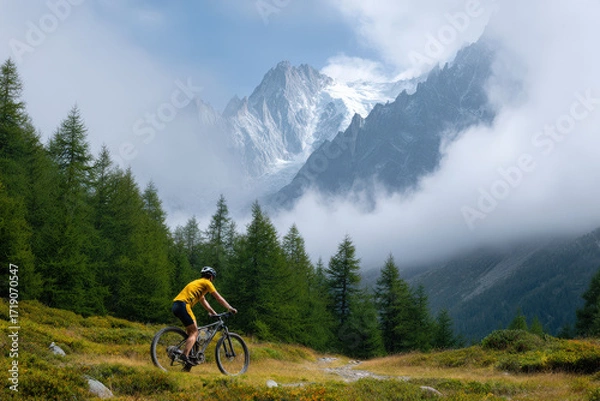 Fototapeta cyclist navigating through stunning mountain landscapes enhanced by augmented reality speed metrics and route