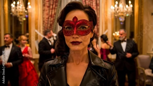 Fototapeta Elegant woman wearing a red masquerade mask and black jacket at a formal masked ball event with guests in the background