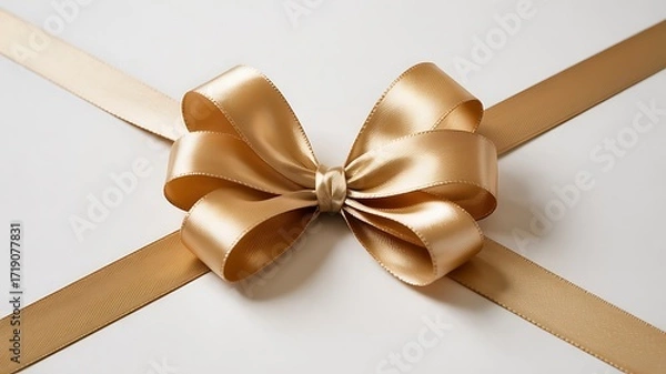 Fototapeta Elegant golden satin ribbon tied into a beautiful bow with flowing tails on a clean white background for gift wrapping