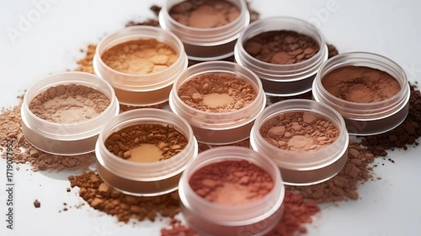 Fototapeta Collection of small clear jars filled with various shades of loose eyeshadow pigments and powders arranged on a white surface