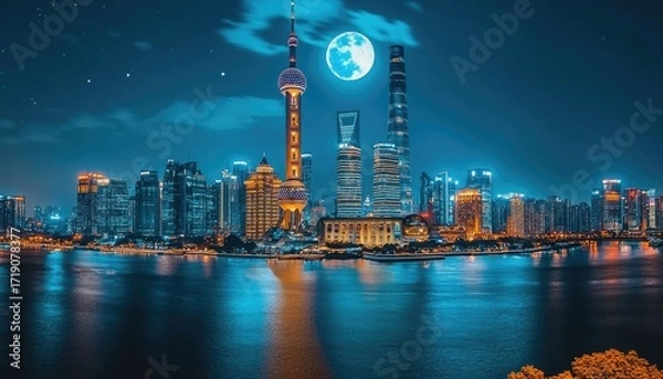 Fototapeta Night cityscape with illuminated skyscrapers and a large moon