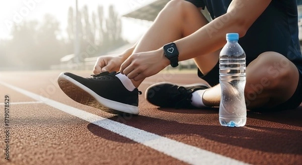 Fototapeta A person tying their running shoe on a track, with a smartwatch displaying a heart icon and a water bottle nearby.