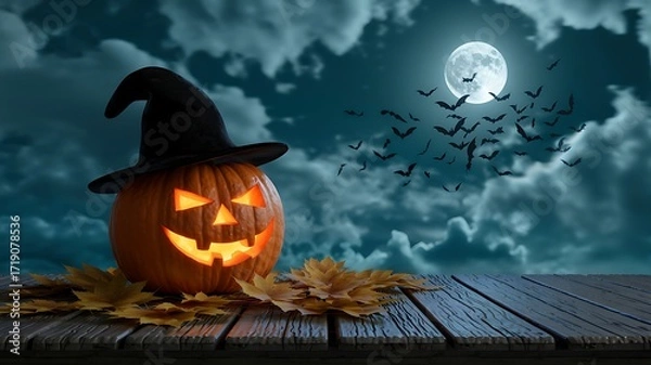 Fototapeta Spooky carved pumpkin wearing a witch hat sits on a wooden surface with autumn leaves under a full moon and cloudy night sky