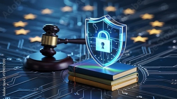 Fototapeta Digital security and legal protection concept with a glowing shield and padlock on a circuit board background