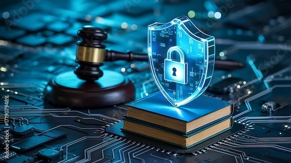 Fototapeta Digital security and legal justice concept with a glowing padlock shield on a book next to a judge s gavel on a circuit board