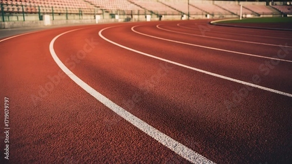 Fototapeta Empty red running track with white lane lines curving into the distance under stadium lights at dusk