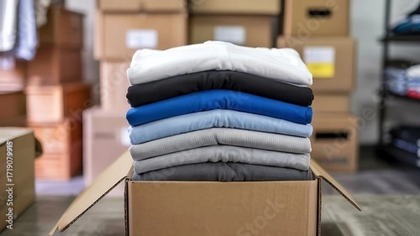 Fototapeta Neatly folded stack of colorful t shirts and hoodies in various shades of blue gray and white inside an open cardboard box