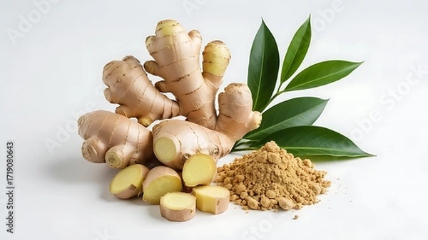 Fototapeta Fresh ginger root with slices and powdered spice arranged artistically with green leaves on a clean white background