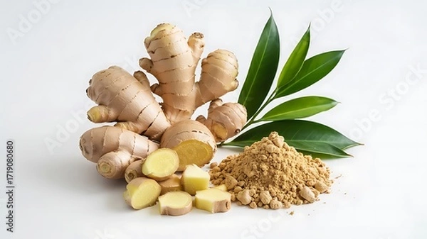 Fototapeta Freshly harvested ginger root and powder displayed with green leaves on a clean white background for culinary and health uses