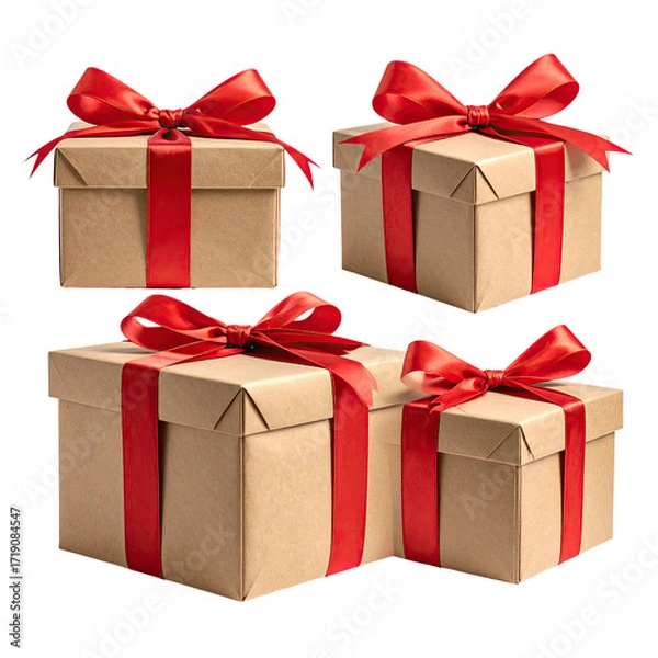 Fototapeta Four kraft paper gift boxes, adorned with red ribbons and bows