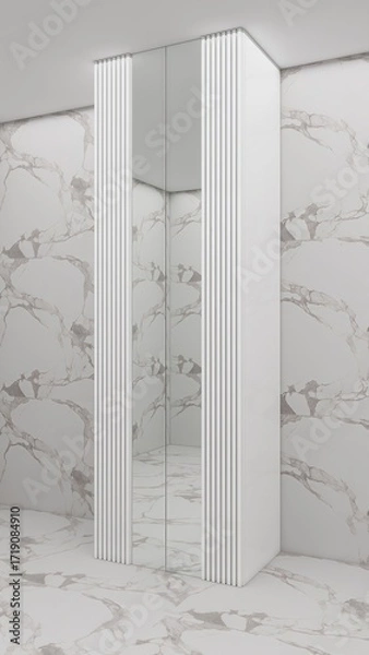 Obraz Modern corner wardrobe with sleek mirrored doors, vertical white panel details, and marble-effect walls, creating a stylish, minimal, and elegant interior design