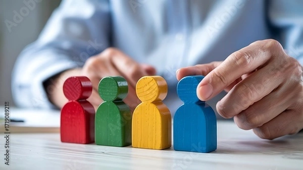 Fototapeta Human resources manager selects a candidate from a diverse group of colorful wooden figures representing people in a team