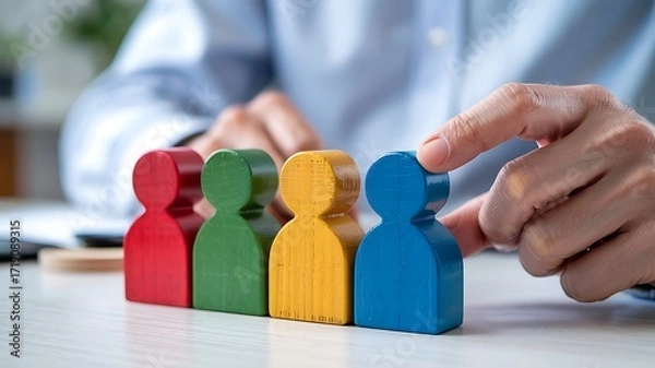 Fototapeta Close up of a hand selecting a blue wooden figure from a colorful line of people figurines representing teamwork and human resources