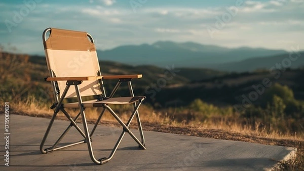 Fototapeta A solitary folding camp chair sits on a paved path overlooking a vast mountainous landscape under a soft cloudy sky