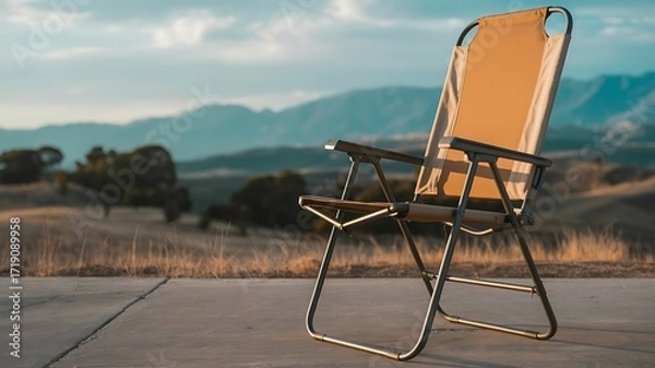 Fototapeta An empty orange folding camping chair sits on a concrete surface with a scenic mountain landscape and cloudy sky in the background