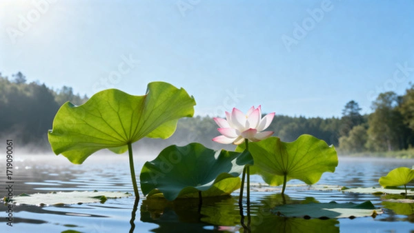 Fototapeta A pink lotus flower blooming on a calm lake with large green lily pads and misty background