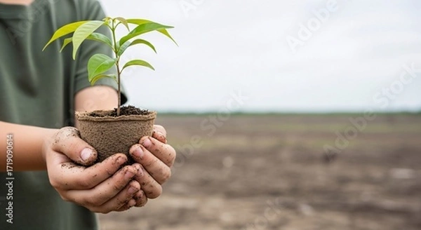 Obraz Child hands holding small plant sprout in biodegradable pot Eco friendly concept Sustainable growth image