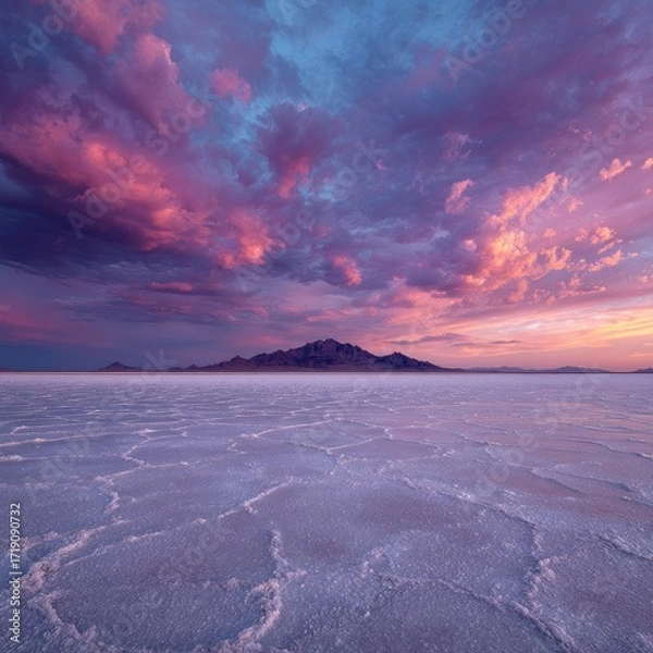 Fototapeta Vibrant sunset hues paint a dramatic sky above a vast, cracked salt flat; a distant mountain silhouetted against the fiery clouds