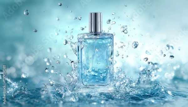 Fototapeta A rectangular glass perfume bottle with a silver cap sits in a pool of water, surrounded by splashing droplets against a blurred, aqua backdrop