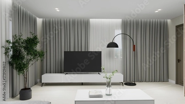 Obraz Modern living room with a sleek TV unit, tall grey curtains, a stylish black floor lamp, potted plant, and minimalist coffee table, creating a calm and elegant atmosphere