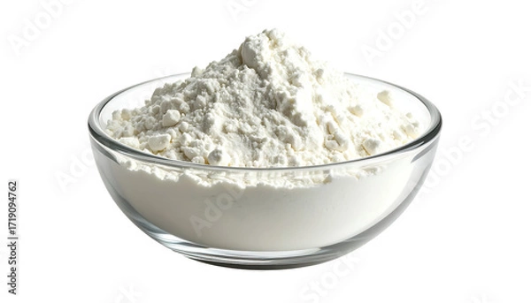 Obraz A glass bowl brimming with a generous mound of fine, white powder, possibly flour or cornstarch, against a stark black backdrop