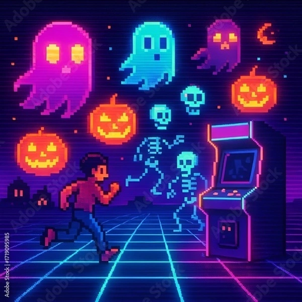 Fototapeta Retro Pixel Art Haunted Arcade Halloween Background