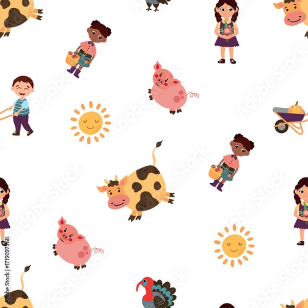 Fototapeta Seamless Pattern of Children and Farm Animals