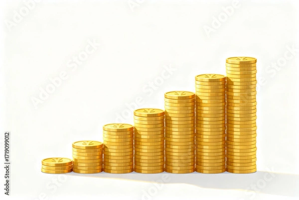 Fototapeta Stacks of golden coins arranged in ascending order against a white background