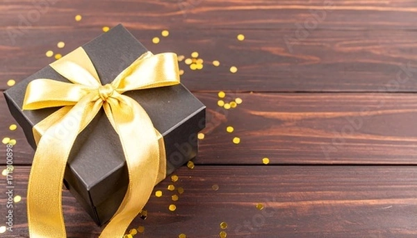 Fototapeta Black gift box with gold ribbon and confetti