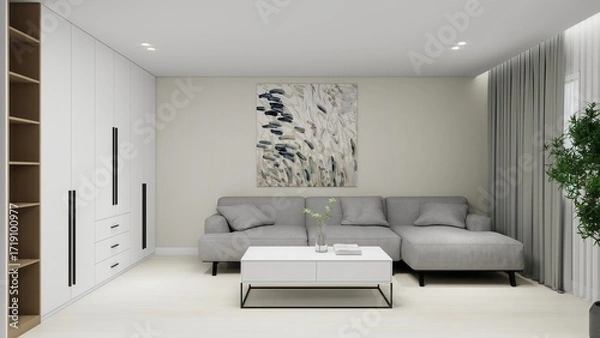 Obraz Stylish living room with a modern grey sectional sofa, abstract wall art, sleek white wardrobes with black handles, open shelving, and a minimalist coffee table with decor