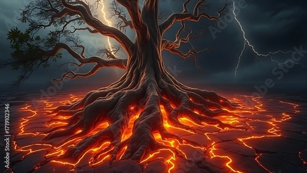 Obraz Ancient tree roots glowing beneath a cracked island surface, resembling buried lightning.
