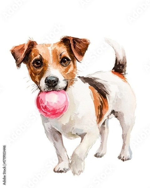 Fototapeta Watercolor illustration of Jack Russell Terrier carrying pink ball, playful small dog representing activity, fetch, and friendly energy