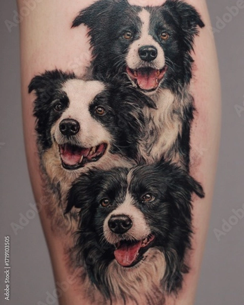 Fototapeta Realistic color tattoo of three Border Collie portraits on calf, symbolizing loyalty, teamwork, and devoted companionship