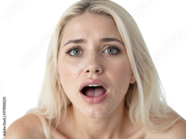 Fototapeta Woman expressing surprise or shock with wide open eyes and mouth, showing raw emotion in a bright indoor setting