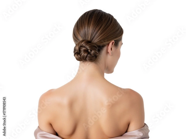 Fototapeta Elegant hairstyle inspiration for special occasions featuring a classic bun on a model with smooth skin