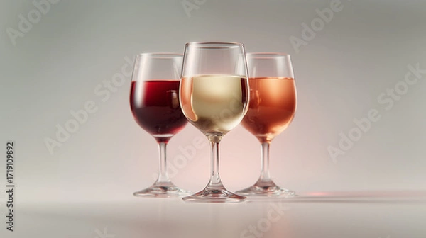 Fototapeta Three elegant wine glasses filled with red, white, and rosé wine, minimalist composition on soft gradient background, symbol of tasting and celebration. 