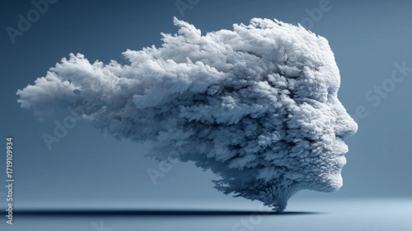 Fototapeta Surreal 3D artwork of a human face formed from clouds and smoke, abstract concept of imagination, creativity, and dreamlike thought. 