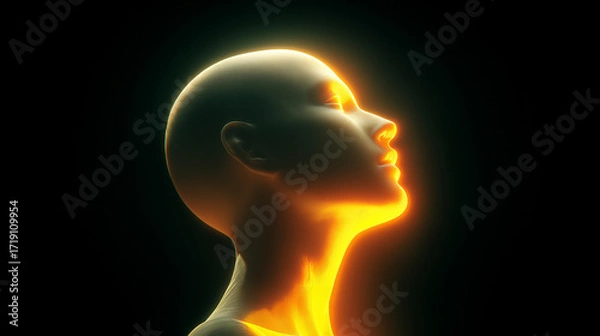 Fototapeta Futuristic glowing human head profile in golden light, abstract digital artwork symbolizing enlightenment, inner power, and futuristic vision. 