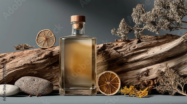 Fototapeta Elegant glass bottle with wooden cap and cork, surrounded by dried citrus slices, driftwood, stones, and dried herbs, creating a natural and rustic still life composition symbolizing organic spirits, 