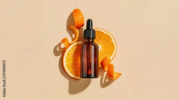 Fototapeta Amber glass dropper bottle placed on orange slices and peels, minimalistic composition on beige background, symbolizing natural skincare, aromatherapy, vitamin C serum, or essential oils. 