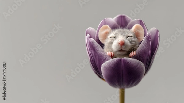 Fototapeta Adorable small mouse peacefully sleeping inside a purple tulip, creating a whimsical and heartwarming scene of nature and cuteness. 