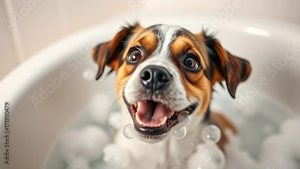 Obraz Playful dog enjoying a bubble bath, radiating joy and carefree moments.
