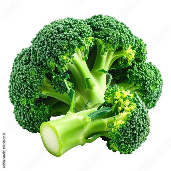 Fototapeta Close-up of a fresh broccoli head. Vibrant green florets clustered around a thick stem.  Healthy,  nutritious,  and appetizing