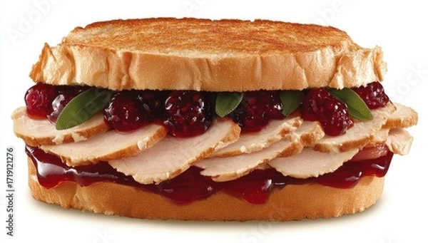 Fototapeta Toasted sandwich with turkey, cranberry sauce, and herbs