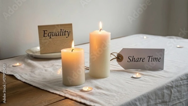 Fototapeta Candles and Messages on Table Promoting Equality and Togetherness