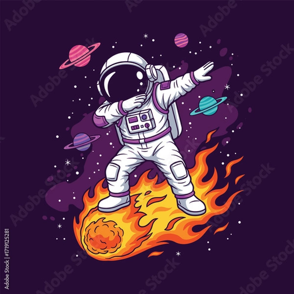 Fototapeta Astronaut Dabbing on Meteorite with Planets Illustration