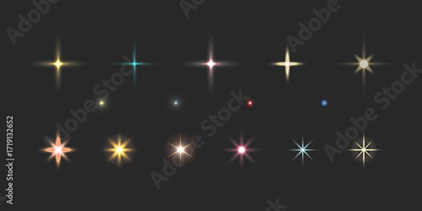 Fototapeta Set of shining stars, glowing spark. Flash. Light rays. Lighting effects